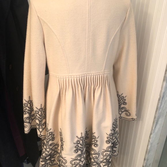 Cream and Black Embroidered European Luxury Wool Coat - Picture 3 of 5